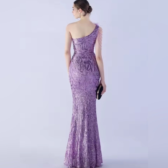Purple, Geo Print, Assymmetrical Neck, Ostrich Feather, Sequined Gown - Picture 3 of 16